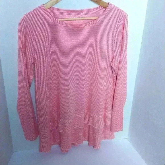 SOFT SURROUNDINGS Coral Striped Colette Tee Tunic Top Sz M Cotton Blend Tiered - Picture 1 of 5